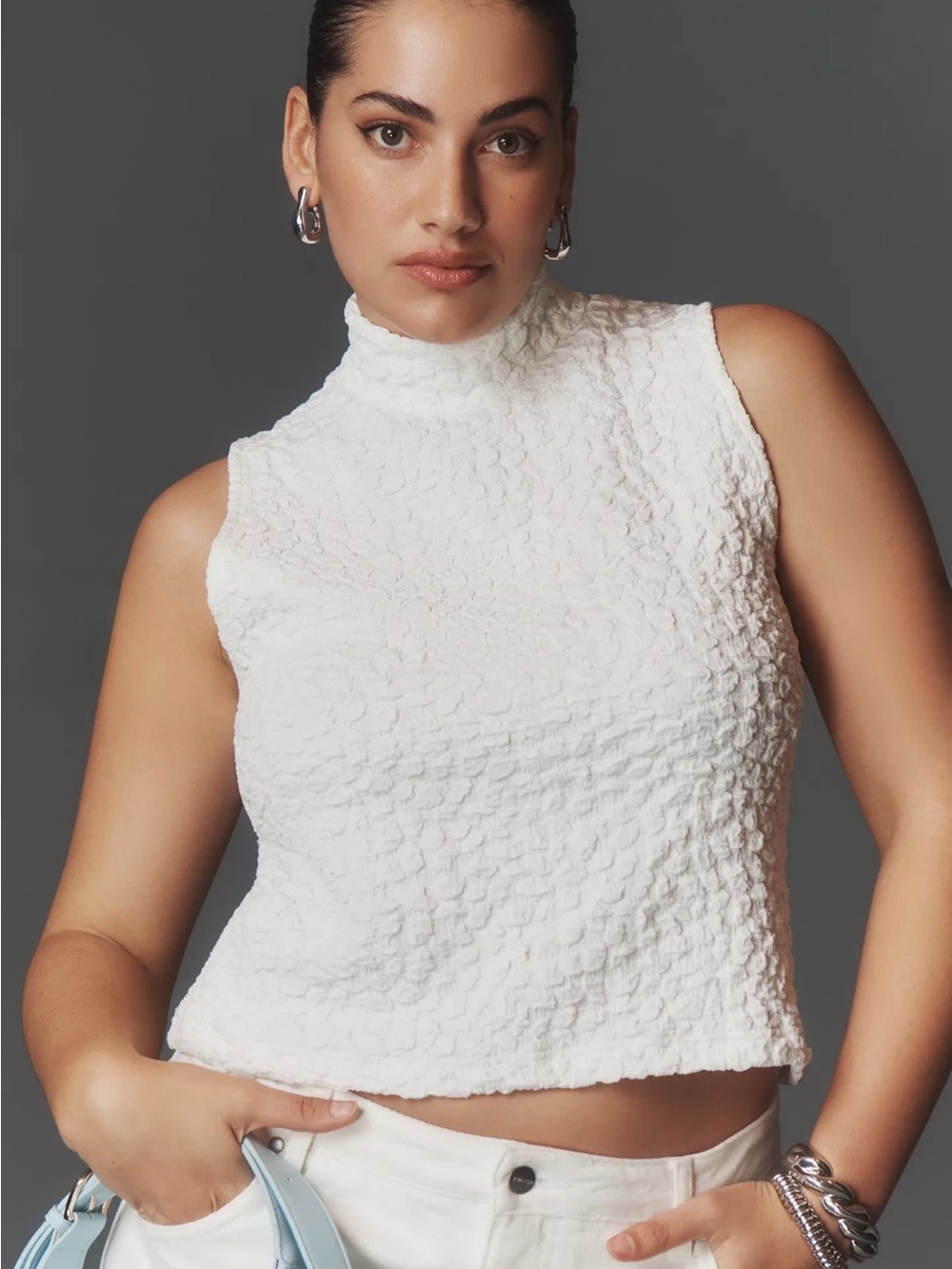 Anthropologie Blue Tassel Popcorn Crop Top